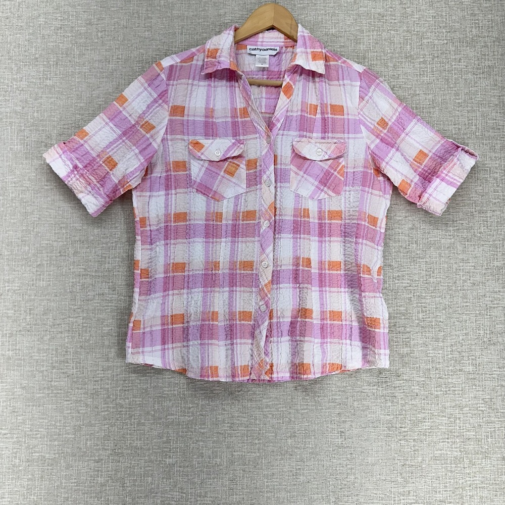 Cathy Daniels Shirt Womens Medium Pink Plaid Roll Tab 3/4 Sleeve Button Up Top